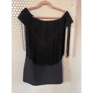 Women's Zara Basic Dress Medium Black Fringe Off Shoulder